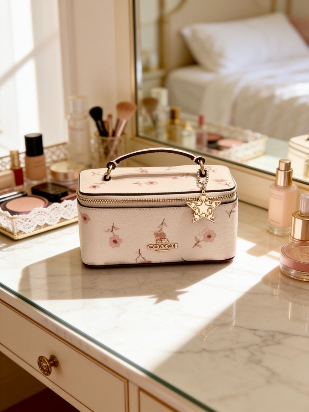 Coach Pink Floral mini Vanity Case & Gold Star⭐️ branded Charm,cottage core rare